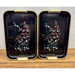 Vtg Toyo Japanese Lacquerware Enamel Serving Trays Cherry Blossom Set of 2 MCM